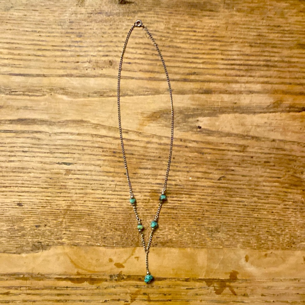 20inch choker including pendant drop. Silver colored chain Turqoise nuggets.